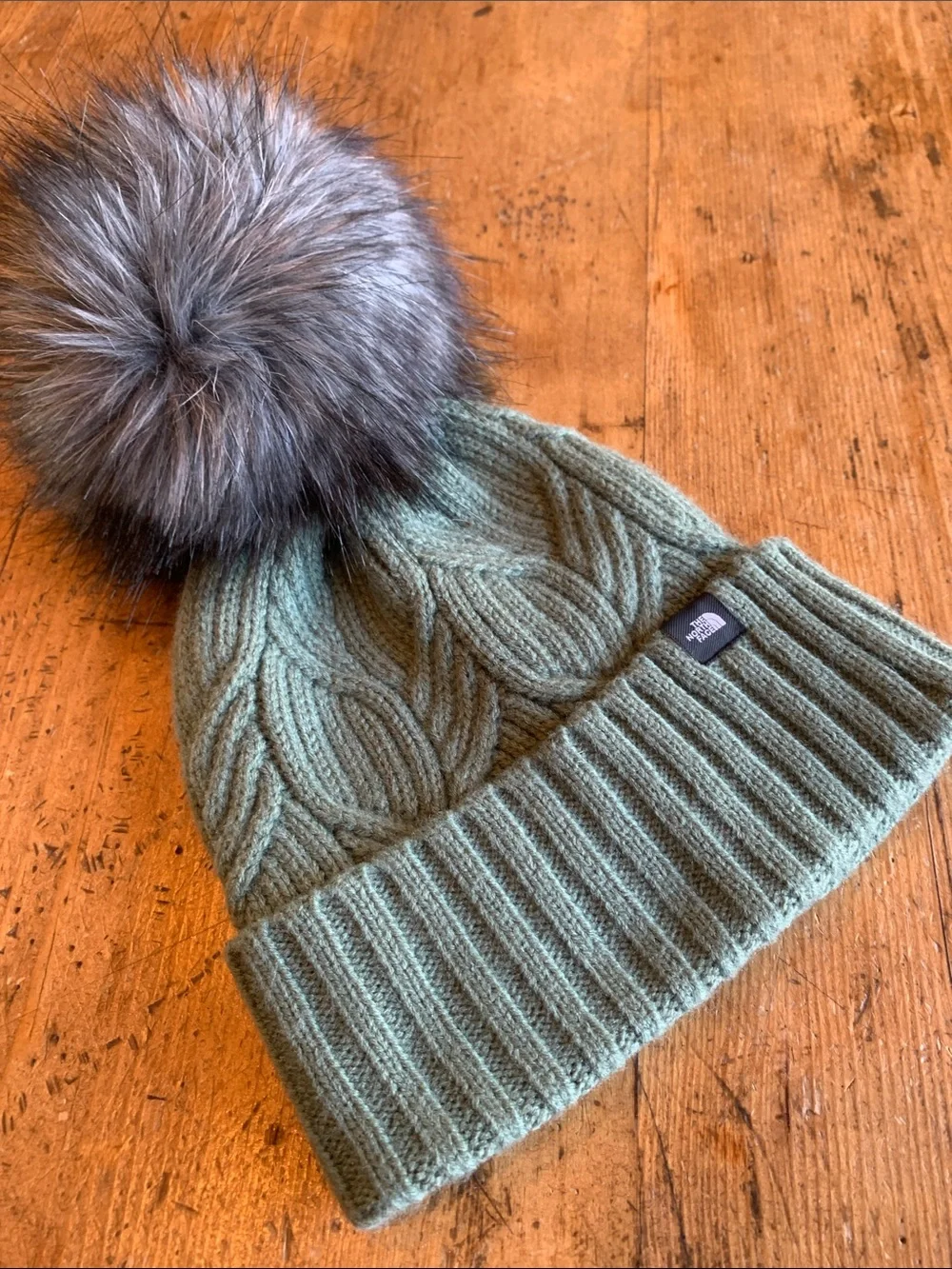 The North Face Kids Sage Green Cable Knit Pom Beanie
